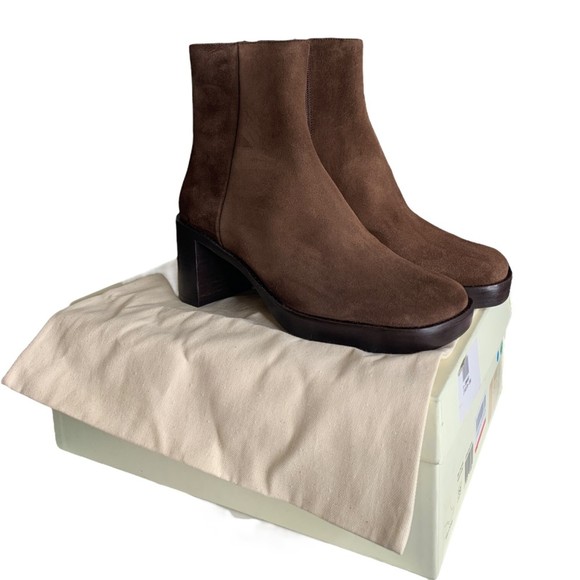 NIB By Far Women Ellen Suede Leather Ankle Boots Brown 39 Stacked Chunky Heel - Picture 2 of 15